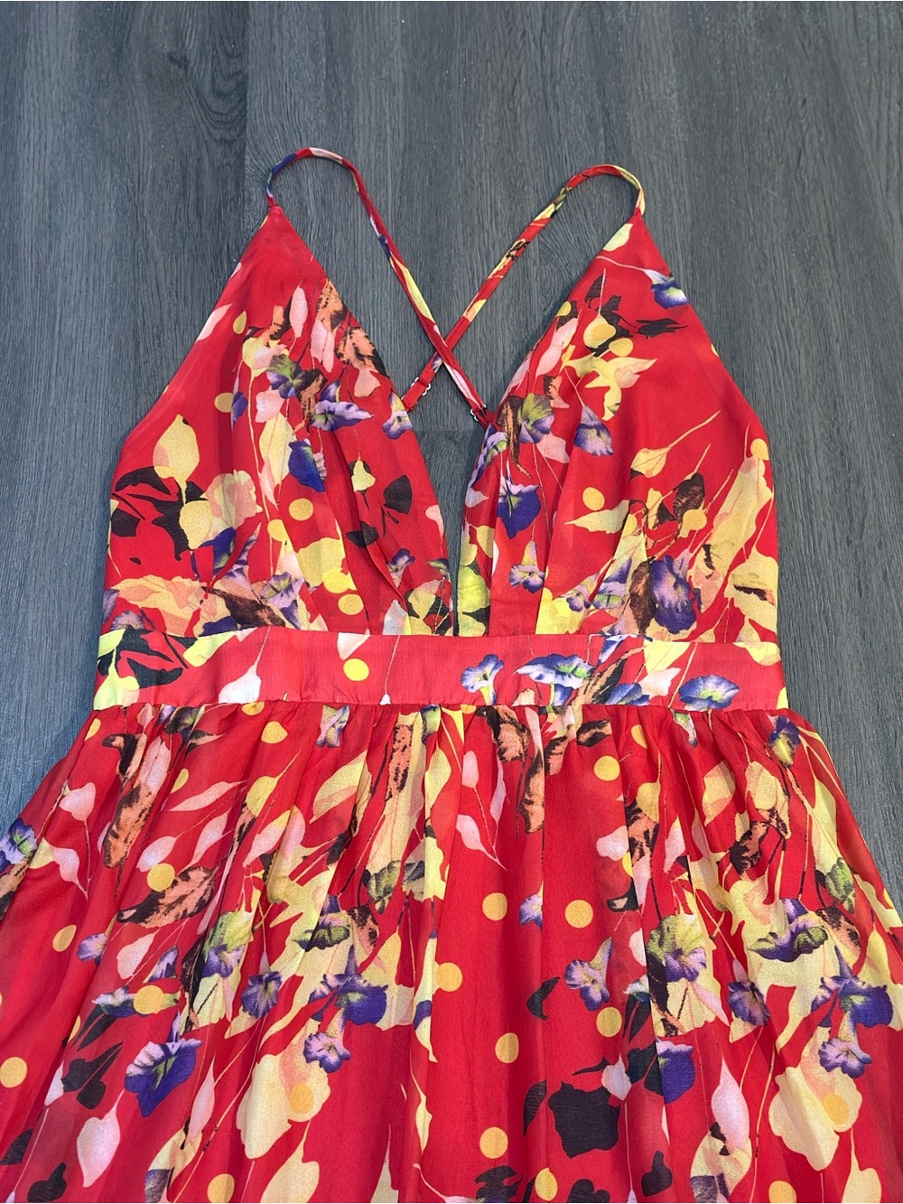 Red Floral Maxi Dress Open Back Crisscross Strappy Boho Cottagecore Medium - Picture 3 of 9